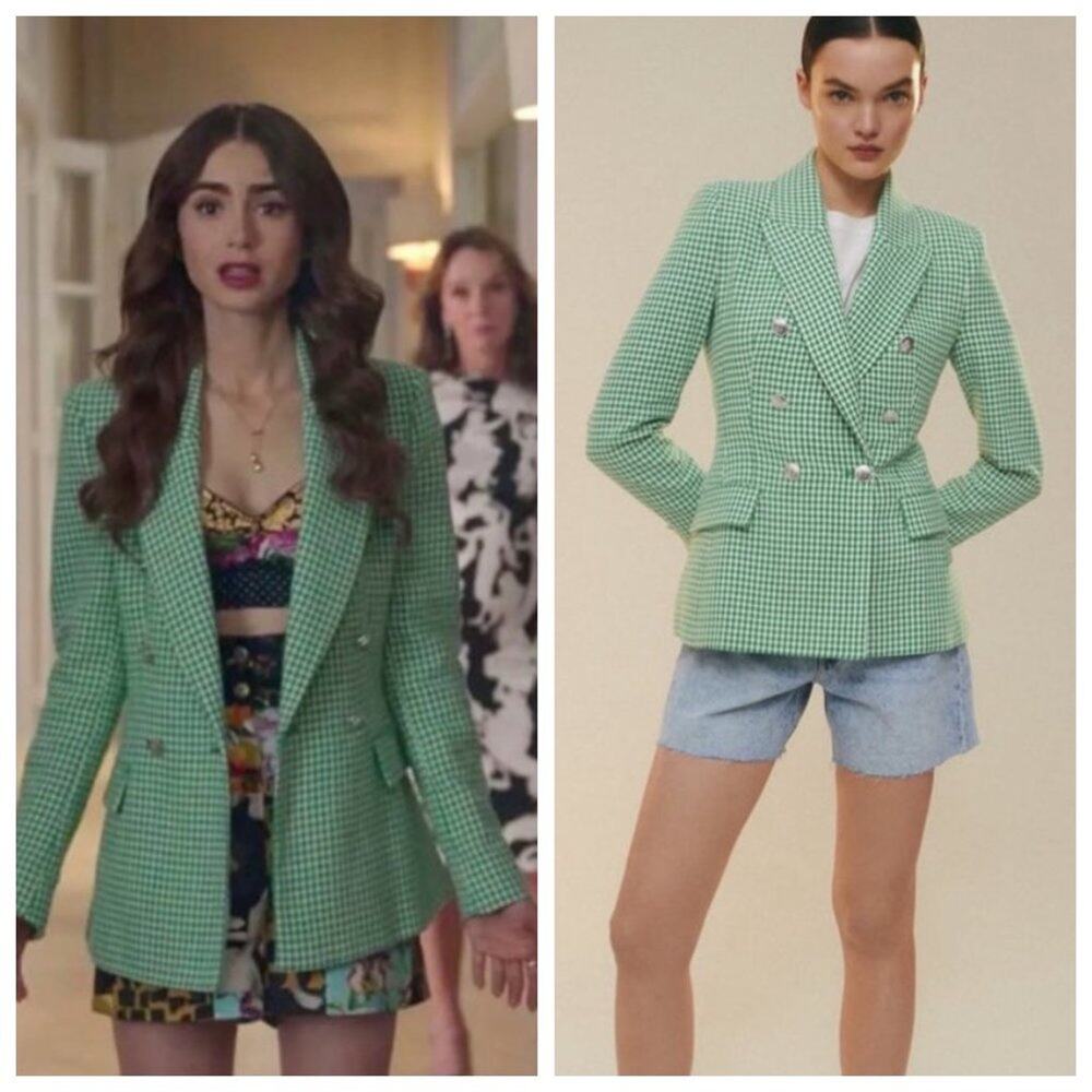Zara Green Houndstooth Blazer Double Breasted